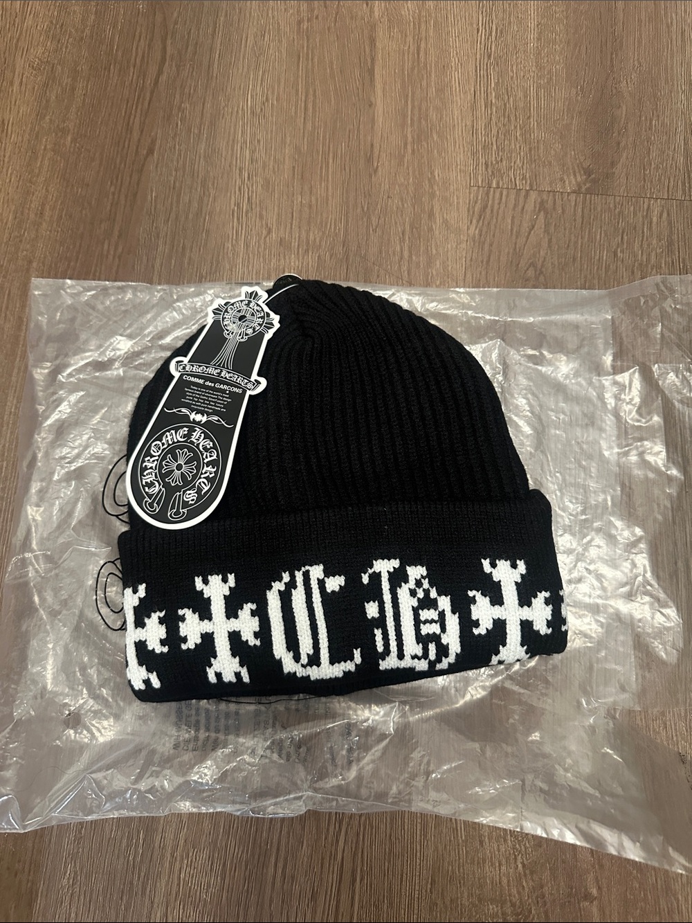 Chrome Hearts Black & White Cuff Beanie with Cross Motif